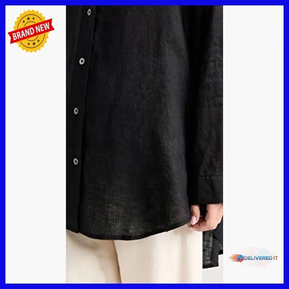 Linen Long Sleeve Tunic Button Down Shirt Oversized Cover Up